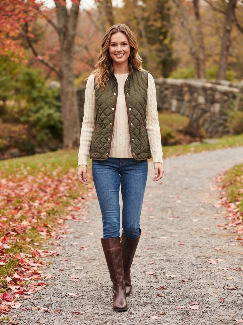 Hunter Olive Green Quilted Vest with Brown Trim NWT